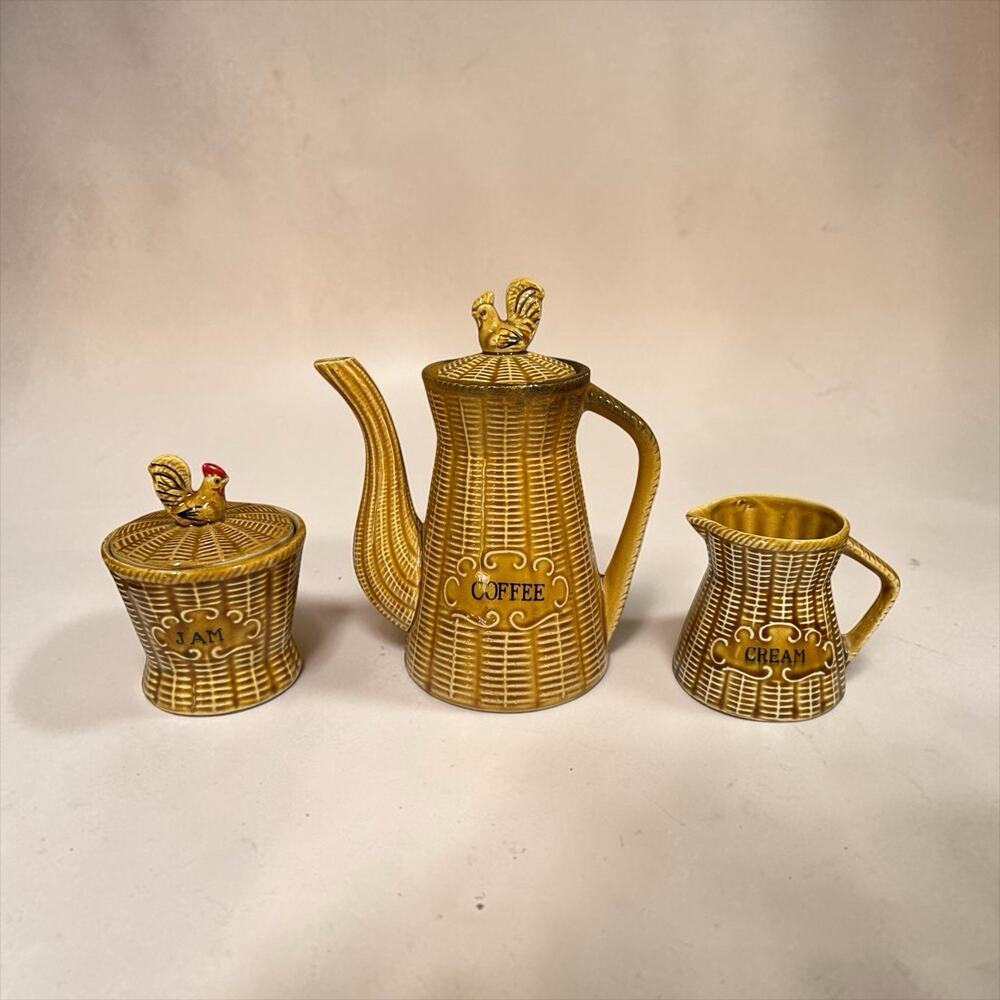 Vtg 50s Rooster COFFEE TEA Serving Set Basket Weave Wicker Japan Brown Ceramic